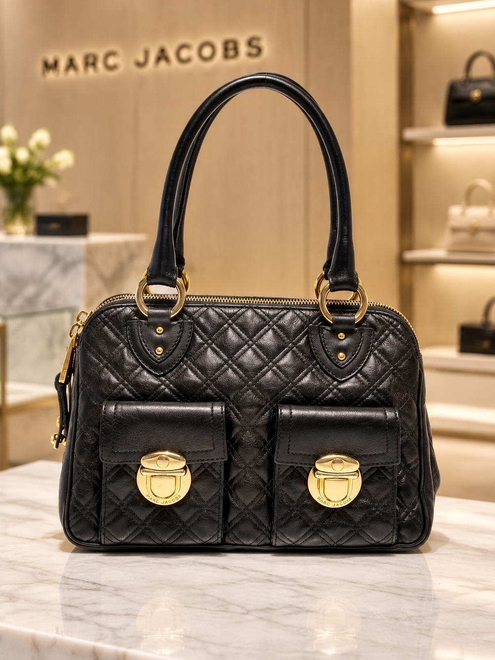 MARC JACOBS Black Venetia Quilted Leather 2-pocket Satchel Handbag
